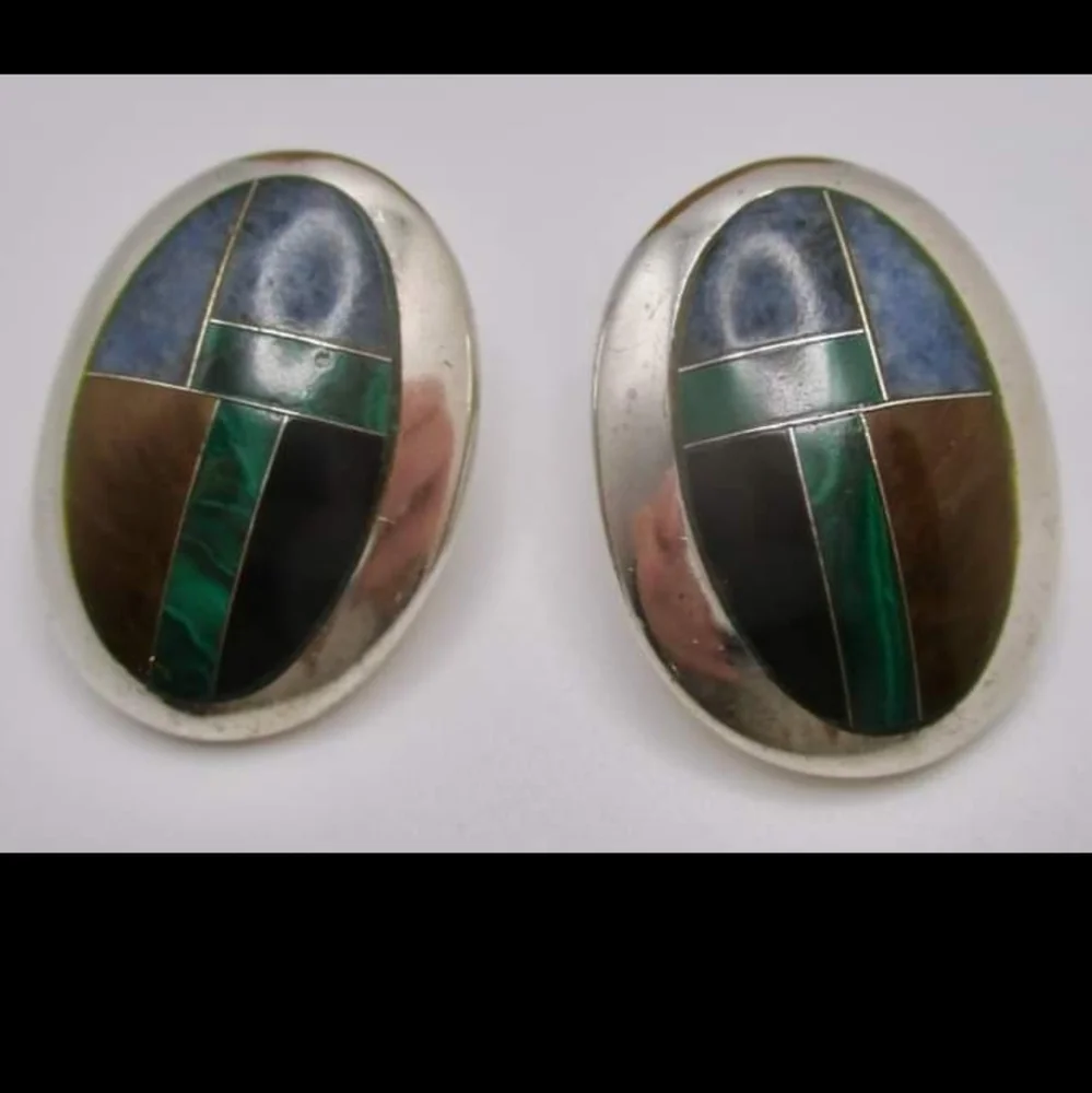 Vintage heavy 950 fine silver Mosaic taxco signed stone earrings - Picture 7 of 15